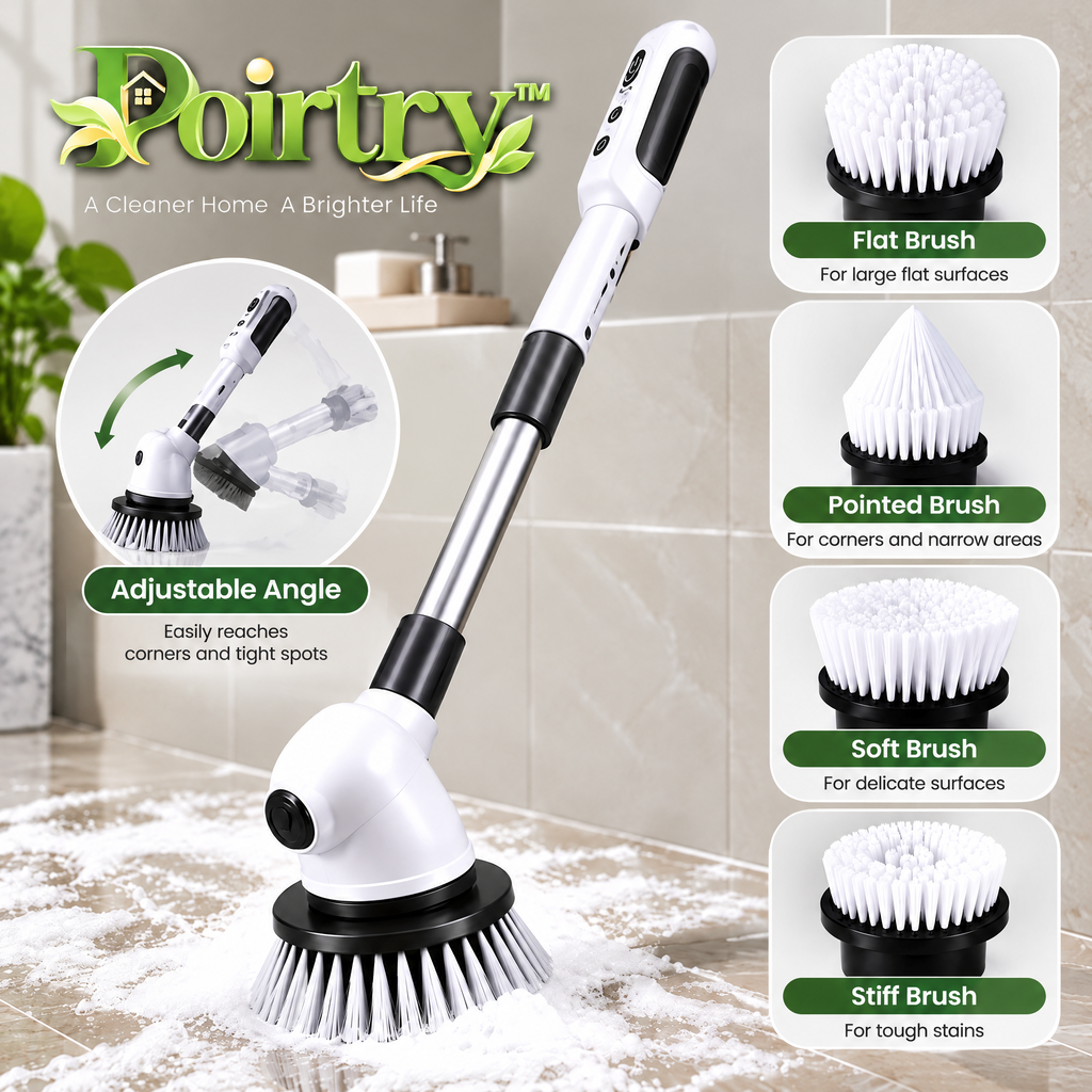 Poirtry™ Cordless Electric Spin Scrubber – Extendable Power Cleaning Brush with Multiple Brush Heads