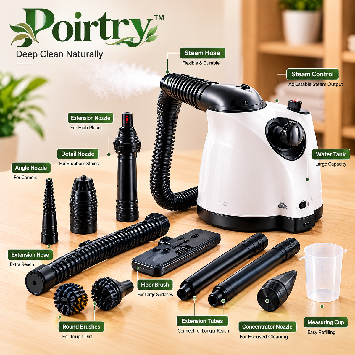 Poirtry™ Multi-Purpose Handheld Steam Cleaner with Extended Hose & Cleaning Attachments