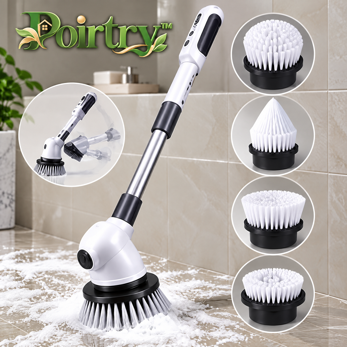 Poirtry™ Cordless Electric Spin Scrubber – Extendable Power Cleaning Brush with Multiple Brush Heads