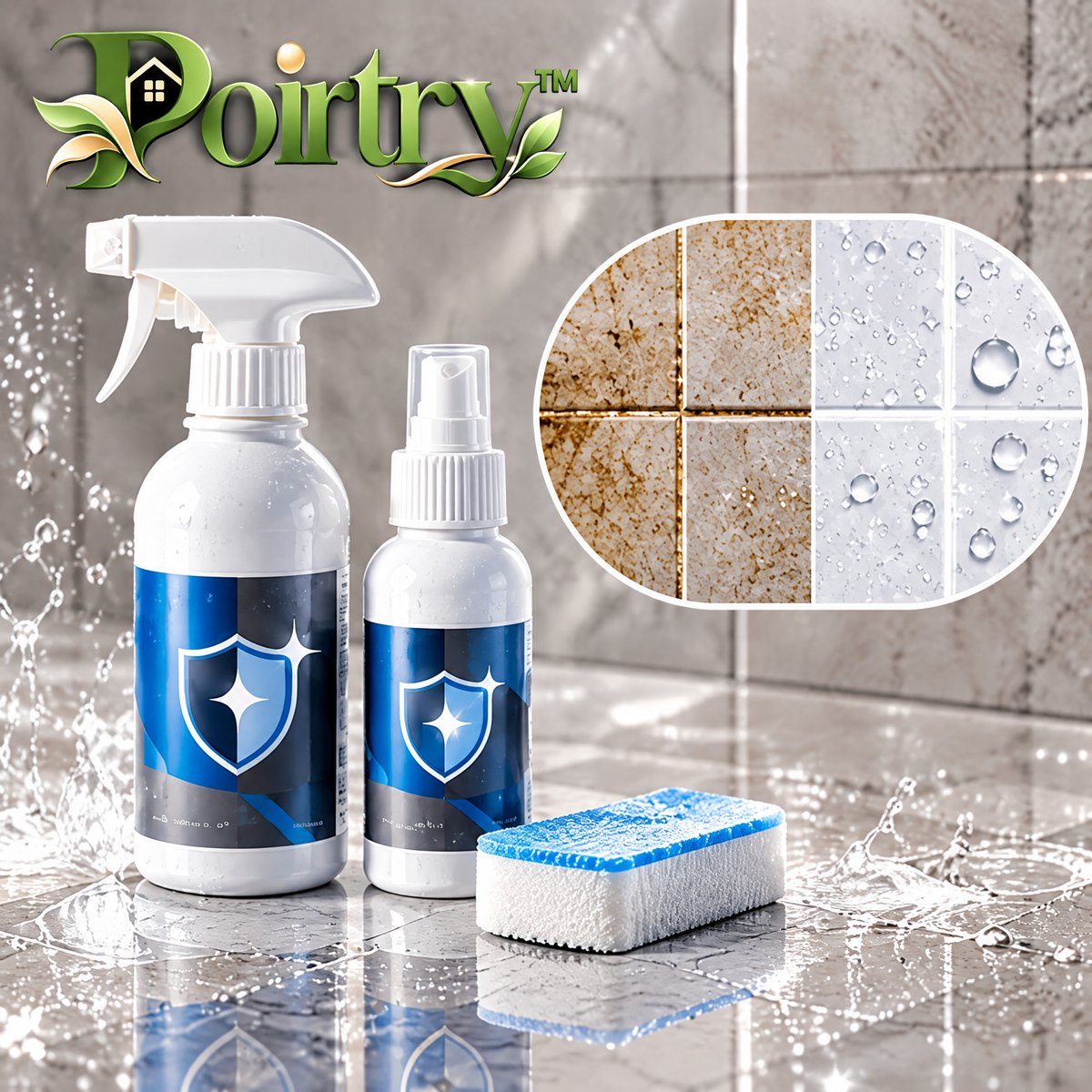 Poirtry™ Tile & Grout Cleaning Kit – Spray Cleaner with Hand Scrubbing Sponge