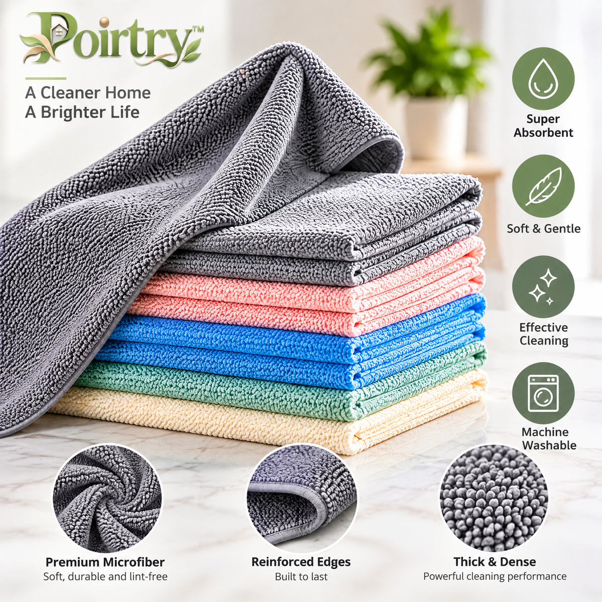 Poirtry™ Premium Microfiber Cleaning Cloth Set – Soft Reusable Multi-Surface Towels