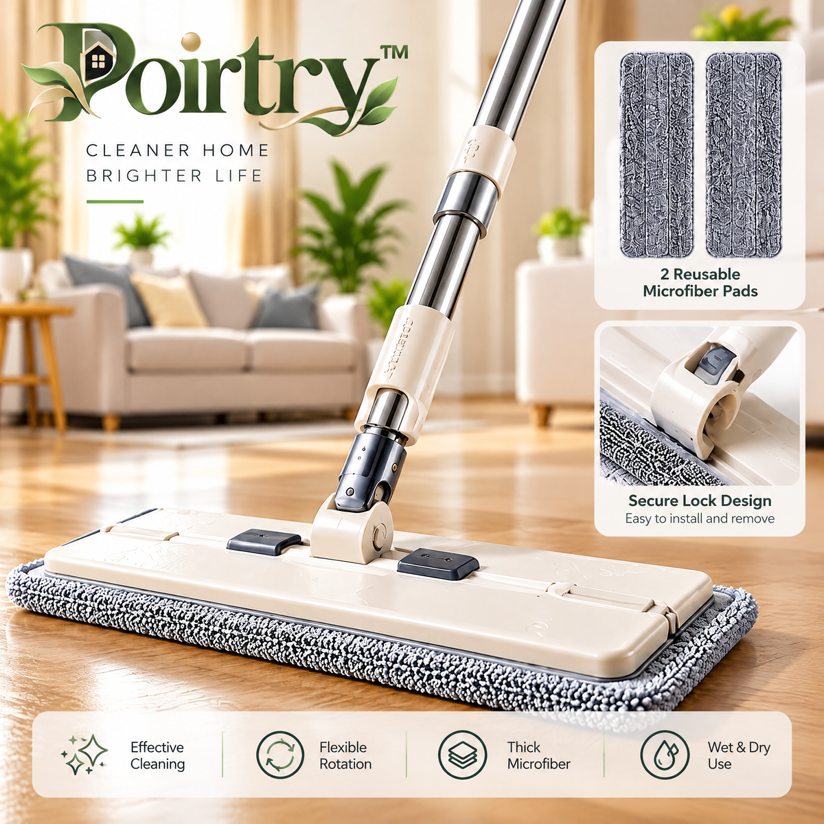 Poirtry™ Flat Microfiber Floor Mop – Wide Cleaning Head with Reusable Washable Mop Pads