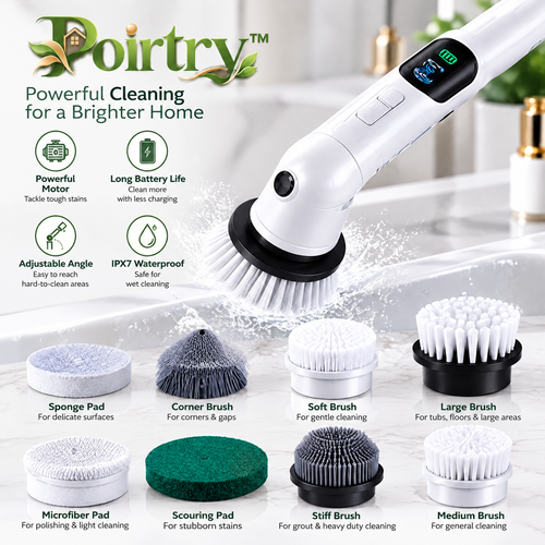 Poirtry™ Electric Spin Cleaning Brush – Rechargeable Multi-Function Scrubber with Multiple Brush Heads for Deep Home Cleaning